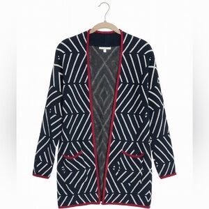Foxcroft Women's Medium Long Black/White Open Cardigan With Red Accents.